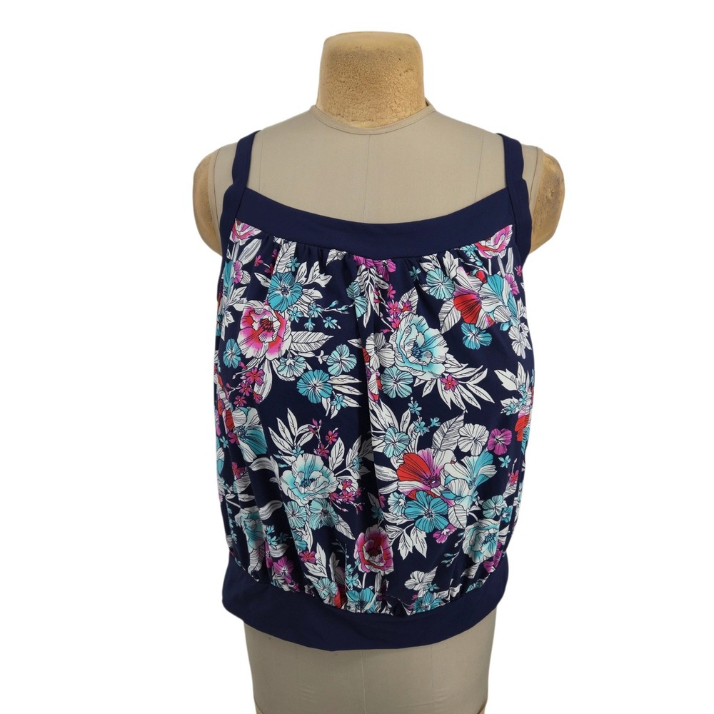 Lands End Tankini Swim Top Women 20W DDD Blue Floral Blouson Underwire Beachwear